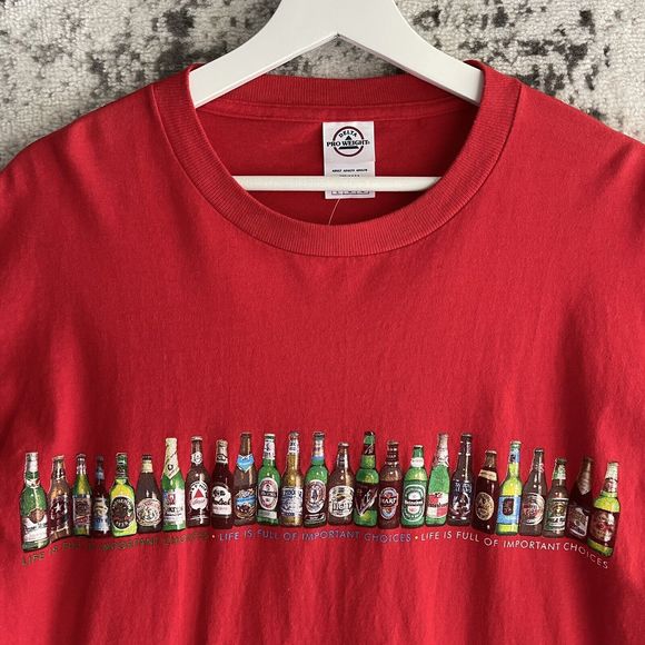 Delta Beer Graphic Print Tshirt Men Size L Jersey Knit Red Multicolor Bottles - Picture 11 of 11